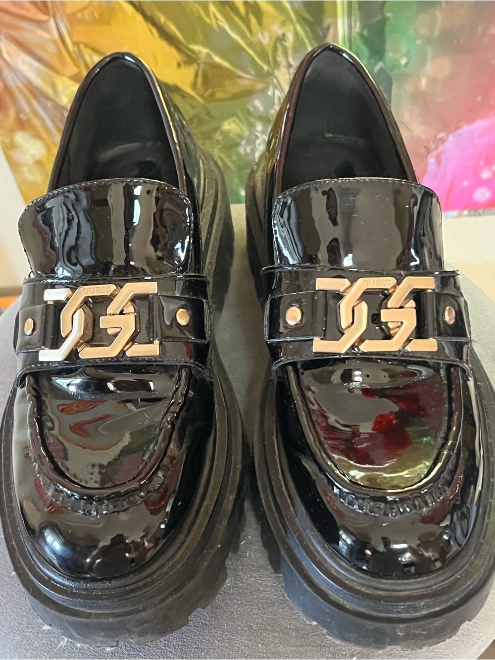 Guess Black Patent Leather Chunky Loafers with Gold Hardware